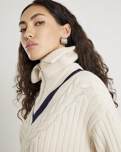 Cream Knitted Stripe detail zip Up Jumper