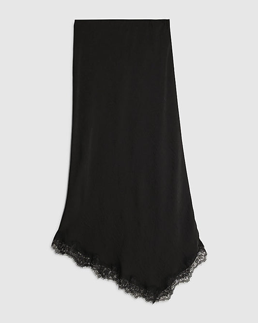 Black Satin Lace Trim Midi Skirt
