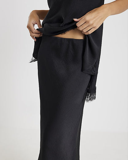 Black Satin Lace Trim Midi Skirt