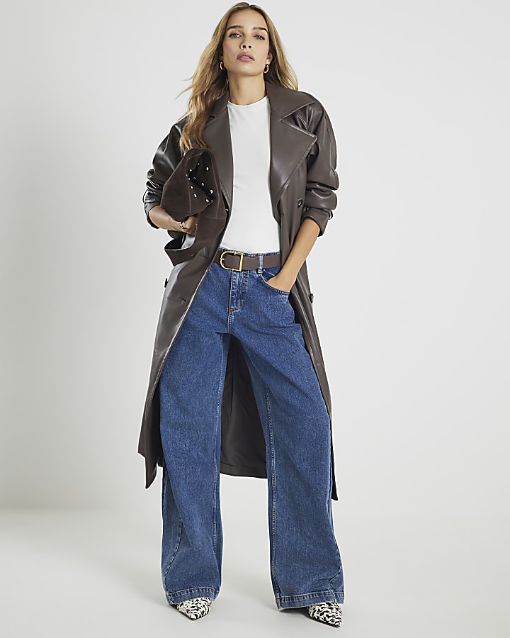 Brown faux Leather Trench Coat