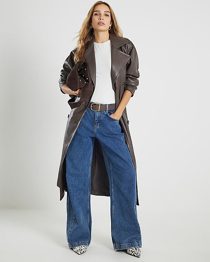 Brown faux Leather Trench Coat