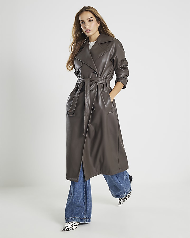 Brown faux Leather Trench Coat