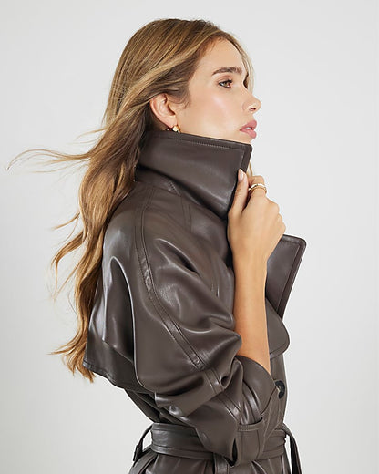 Brown faux Leather Trench Coat