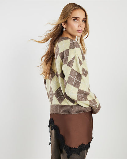 Yellow Knitted Argyle Long Sleeve Cardigan