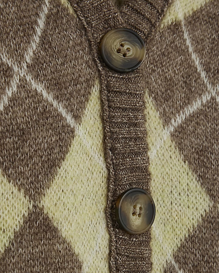 Yellow Knitted Argyle Long Sleeve Cardigan