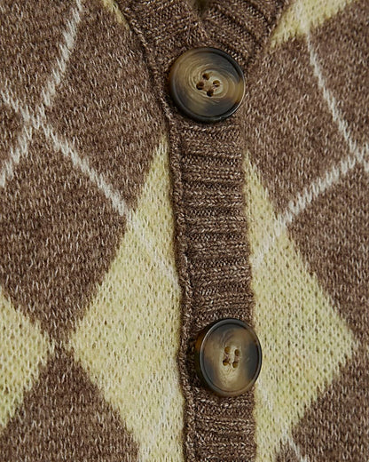 Yellow Knitted Argyle Long Sleeve Cardigan
