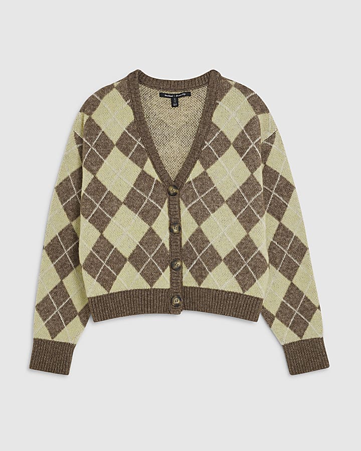 Yellow Knitted Argyle Long Sleeve Cardigan