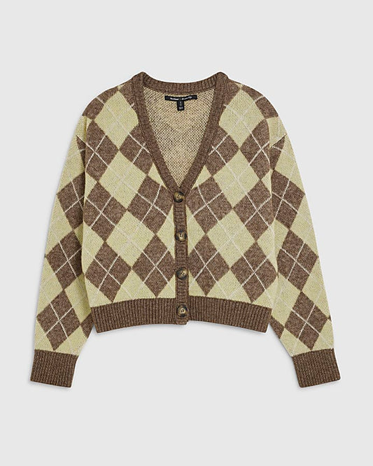 Yellow Knitted Argyle Long Sleeve Cardigan