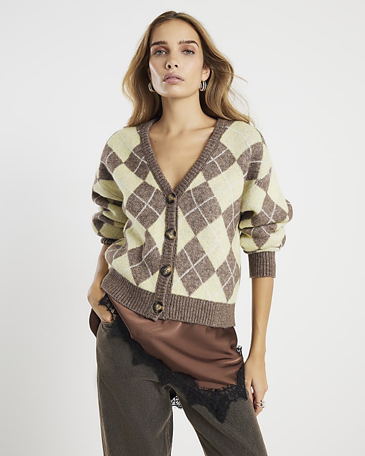 Yellow Knitted Argyle Long Sleeve Cardigan