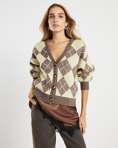Yellow Knitted Argyle Long Sleeve Cardigan