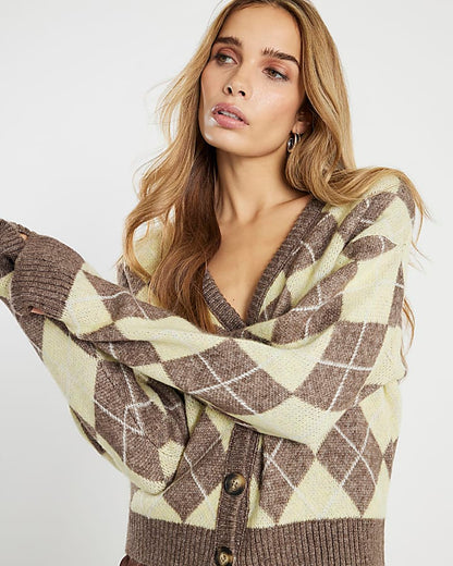 Yellow Knitted Argyle Long Sleeve Cardigan