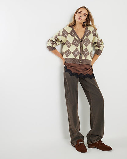 Yellow Knitted Argyle Long Sleeve Cardigan