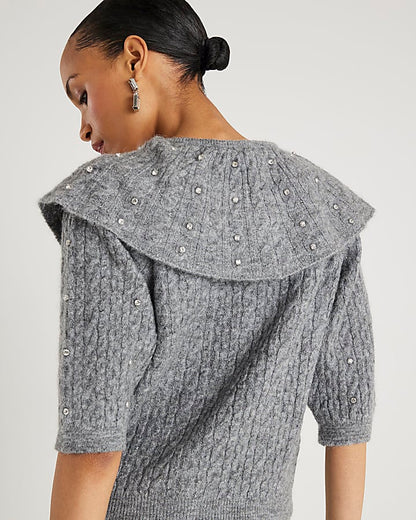Grey Knit Collared Diamante Cardigan
