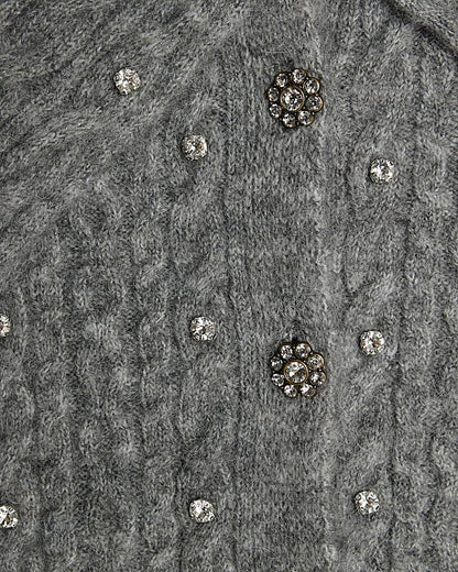 Grey Knit Collared Diamante Cardigan