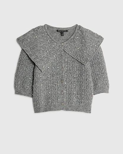 Grey Knit Collared Diamante Cardigan