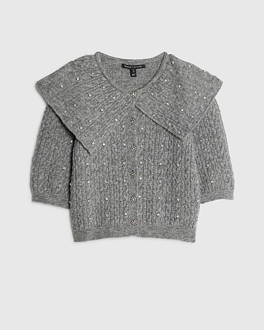Grey Knit Collared Diamante Cardigan