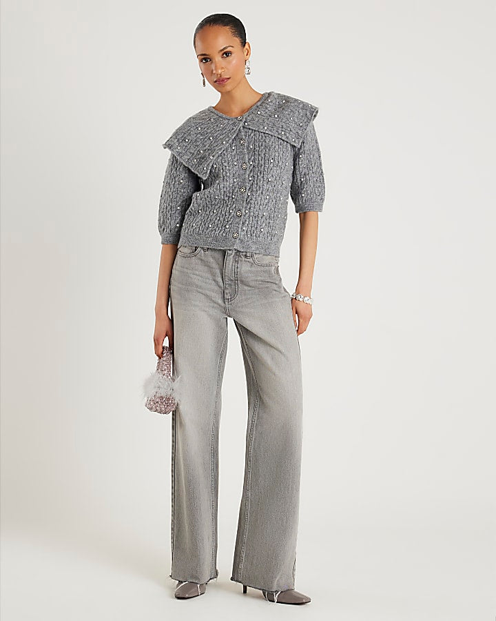Grey Knit Collared Diamante Cardigan