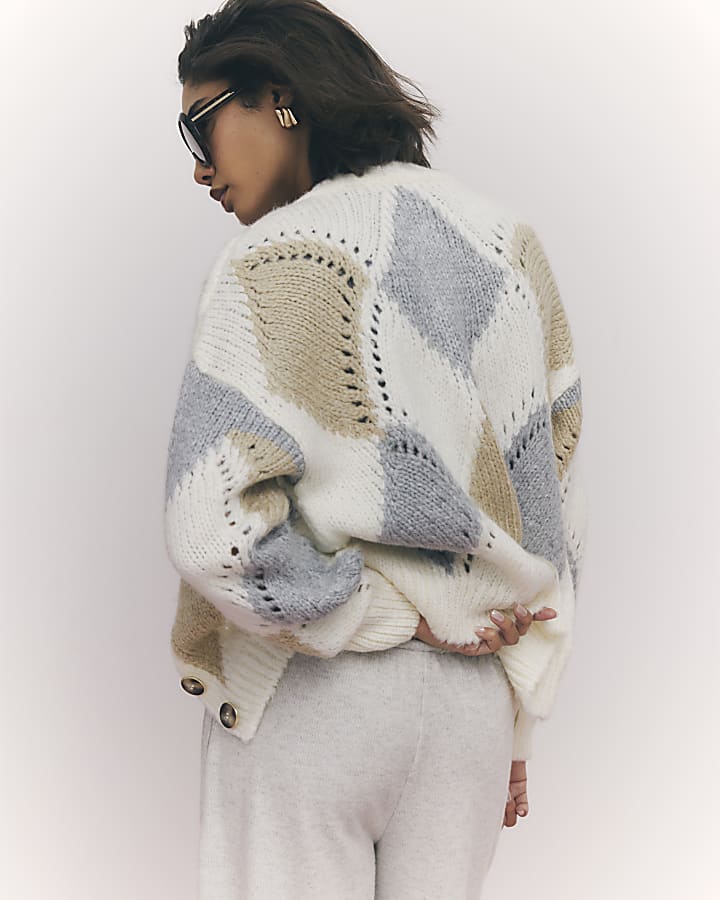 Cream Argyle Chunky Knitted Cardigan | River Island