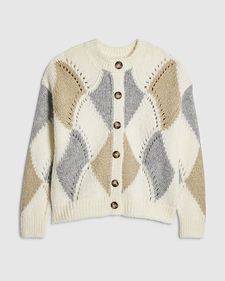 Cream Argyle Chunky Knitted Cardigan | River Island