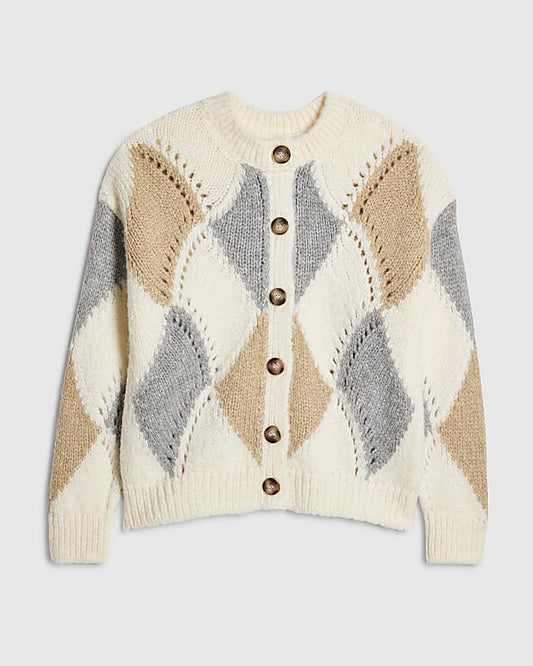 Cream Argyle Chunky Knitted Cardigan | River Island