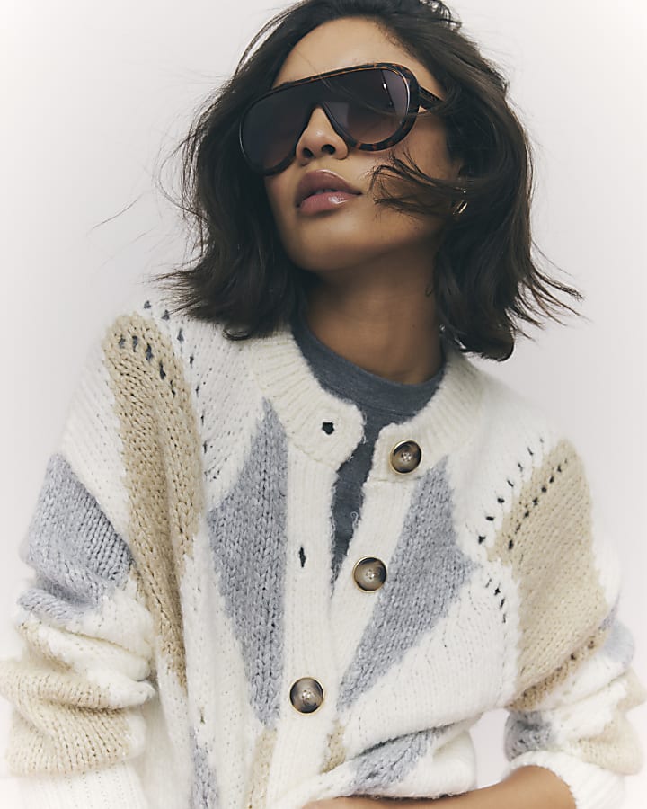 Cream Argyle Chunky Knitted Cardigan | River Island