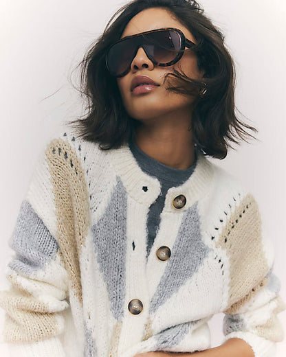 Cream Argyle Chunky Knitted Cardigan | River Island