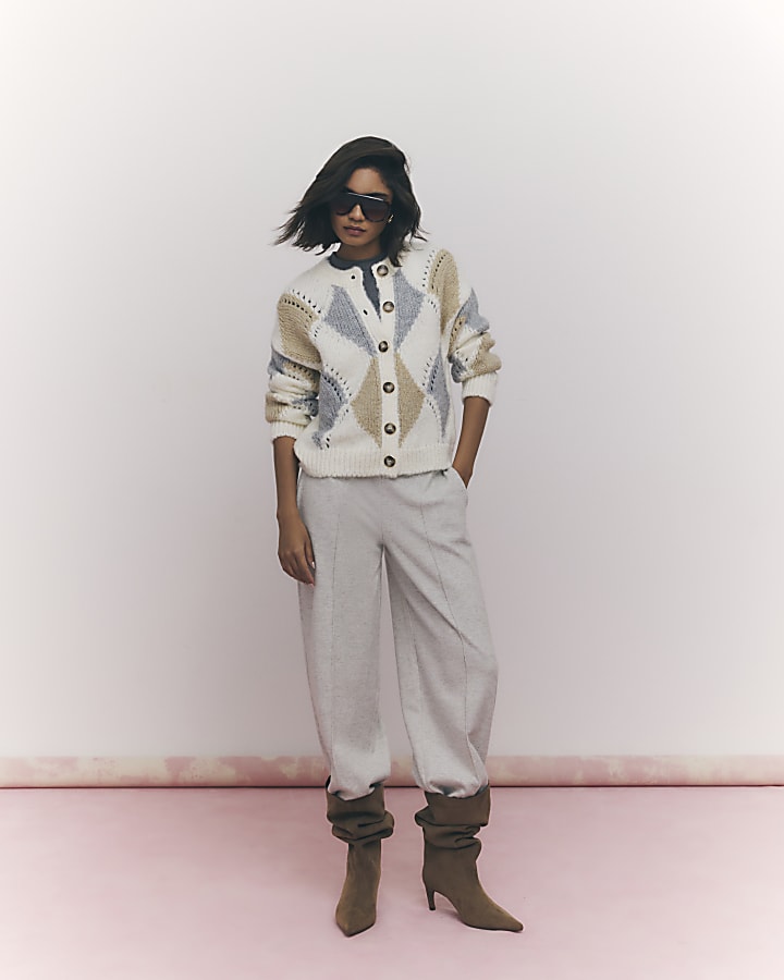 Cream Argyle Chunky Knitted Cardigan | River Island