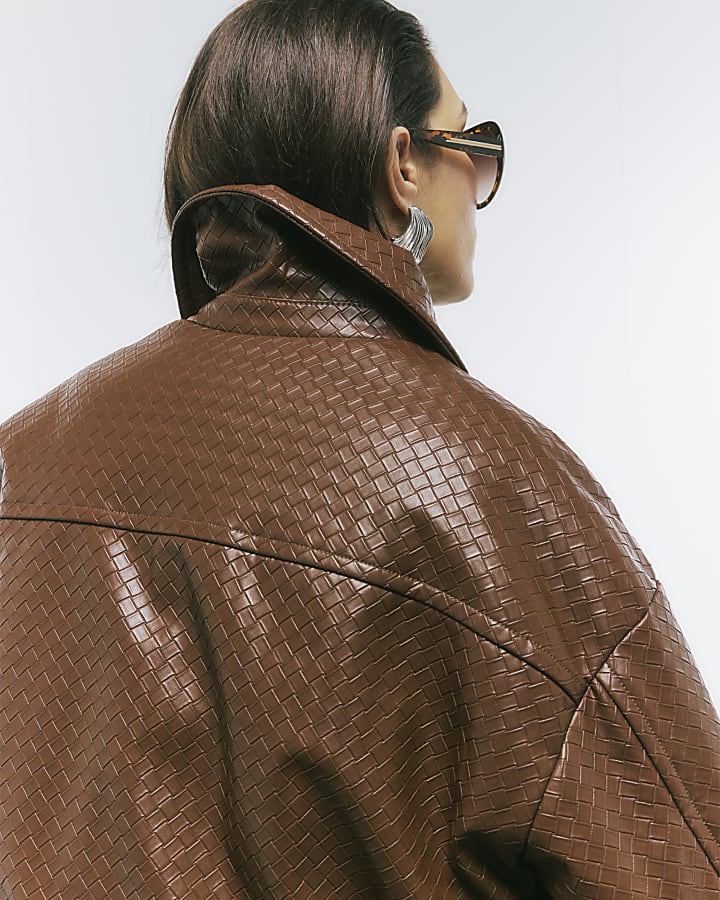 Brown Faux Leather Woven Bomber Jacket
