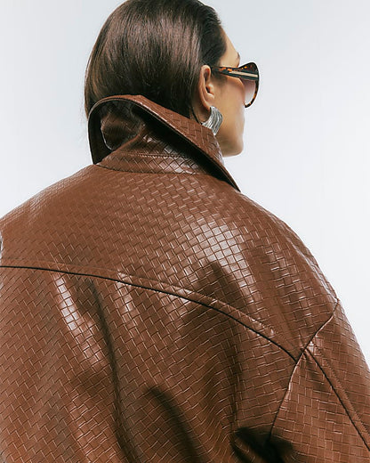 Brown Faux Leather Woven Bomber Jacket