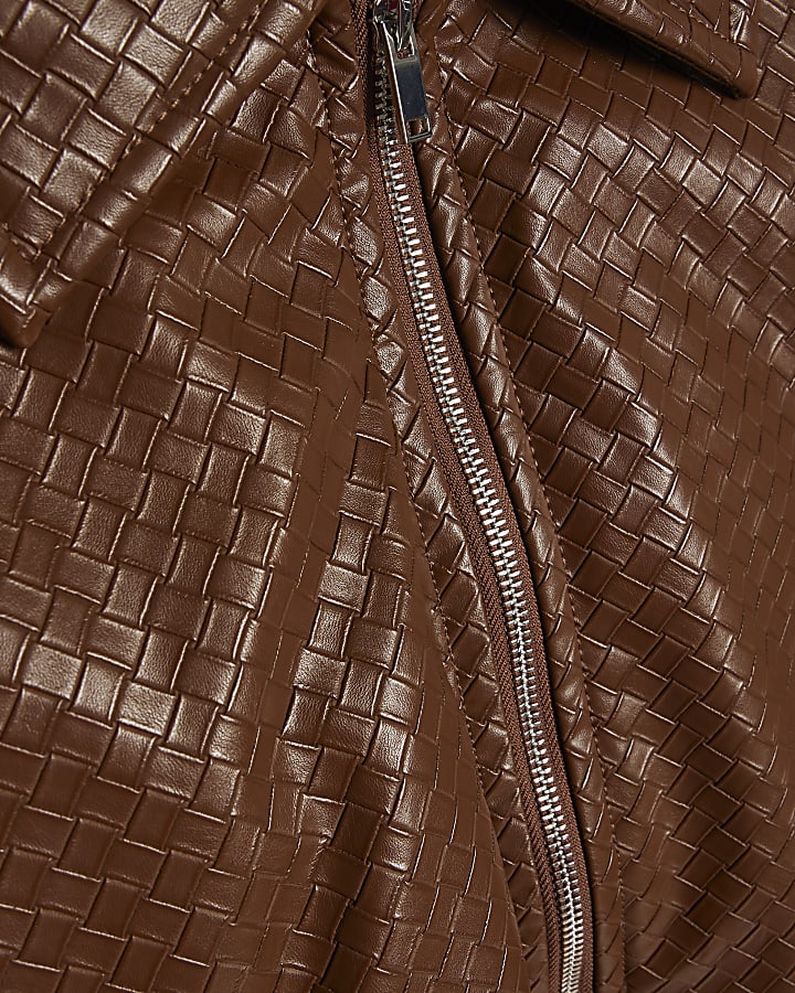 Brown Faux Leather Woven Bomber Jacket