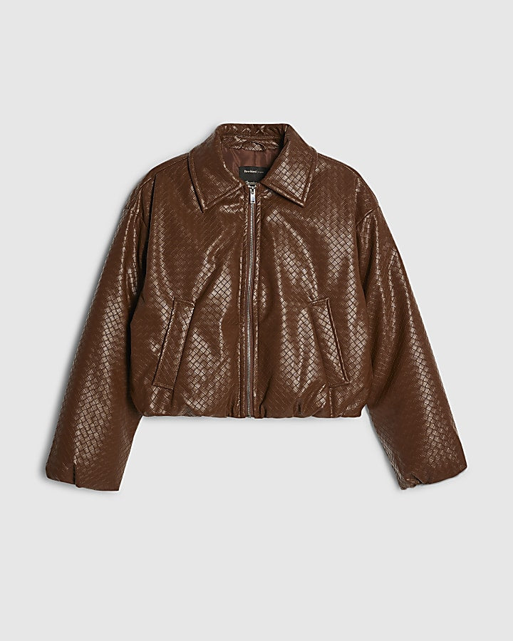 Brown Faux Leather Woven Bomber Jacket
