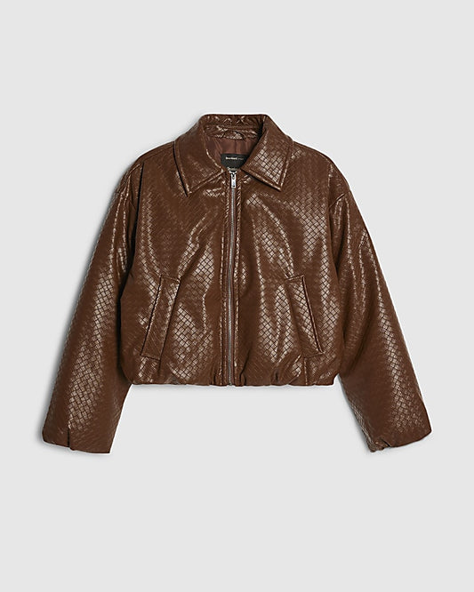 Brown Faux Leather Woven Bomber Jacket