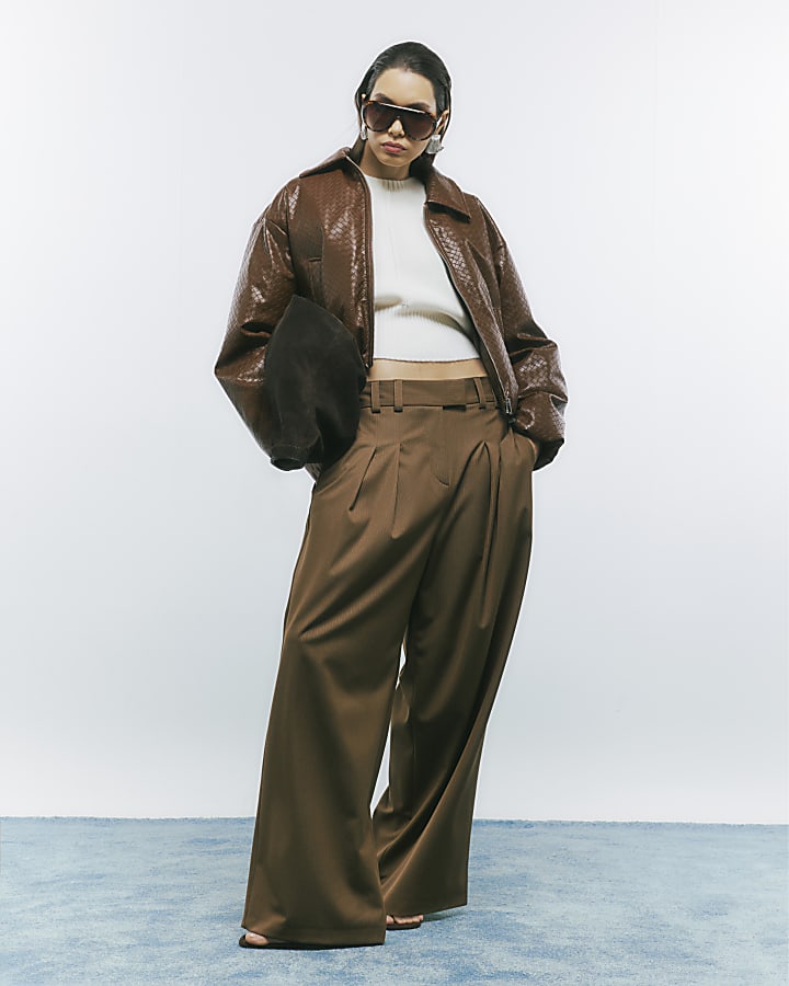 Brown Faux Leather Woven Bomber Jacket