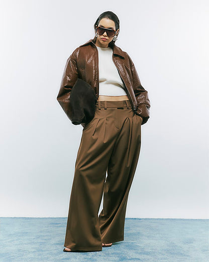 Brown Faux Leather Woven Bomber Jacket