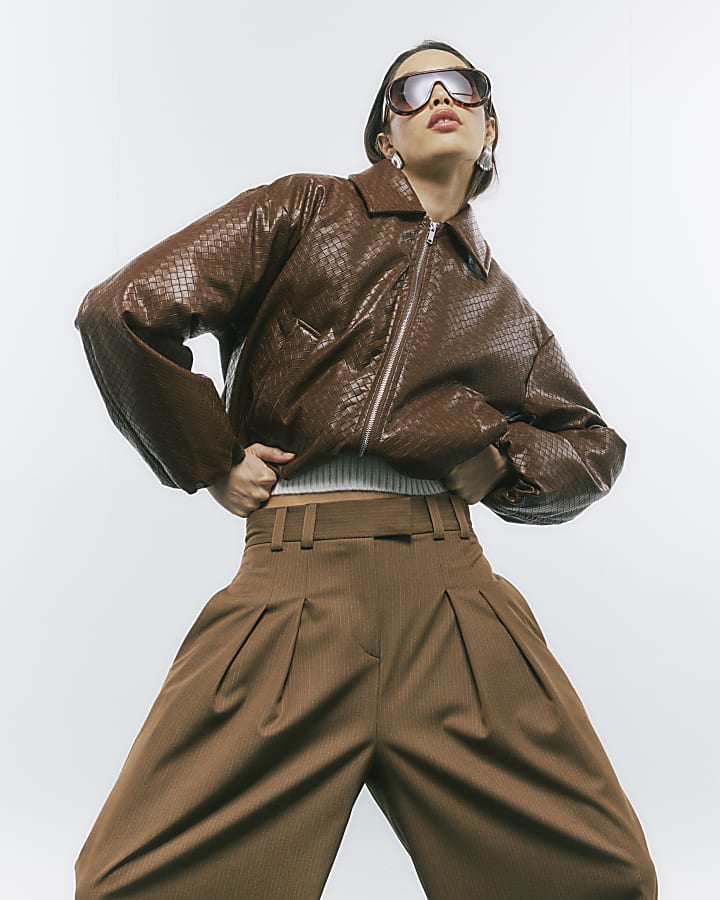 Brown Faux Leather Woven Bomber Jacket