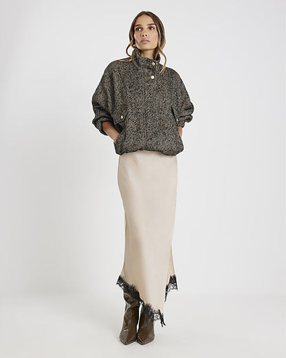 Beige Lace Trim Satin Midi Skirt | River Island