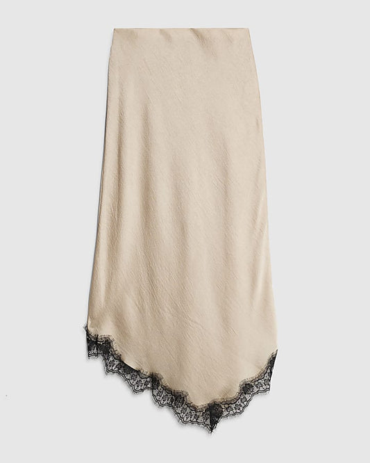 Beige Lace Trim Satin Midi Skirt | River Island