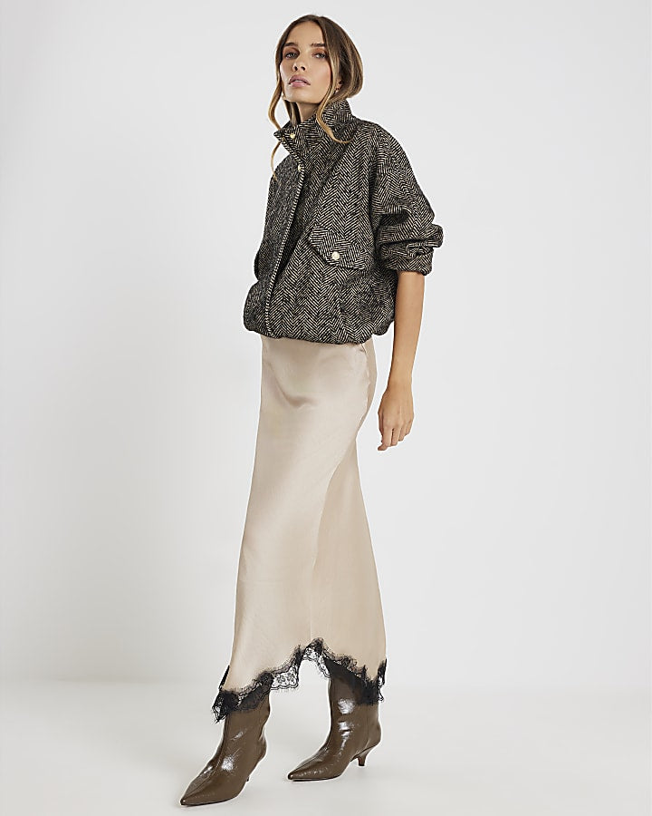 Beige Lace Trim Satin Midi Skirt | River Island