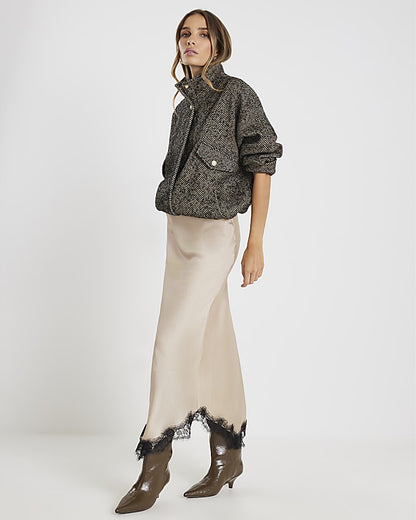Beige Lace Trim Satin Midi Skirt | River Island