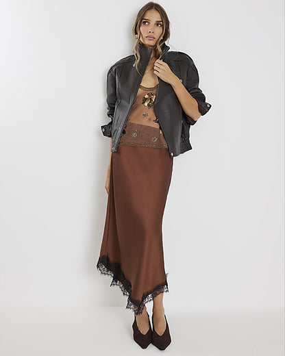 Brown Lace Trim Satin Midi Skirt