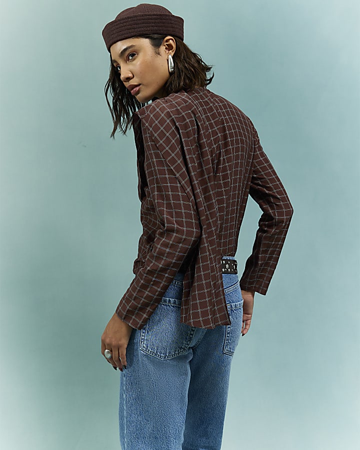 Brown Check Cowl Neck Drape Blouse
