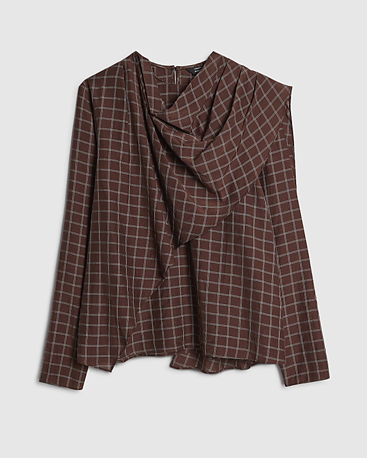 Brown Check Cowl Neck Drape Blouse