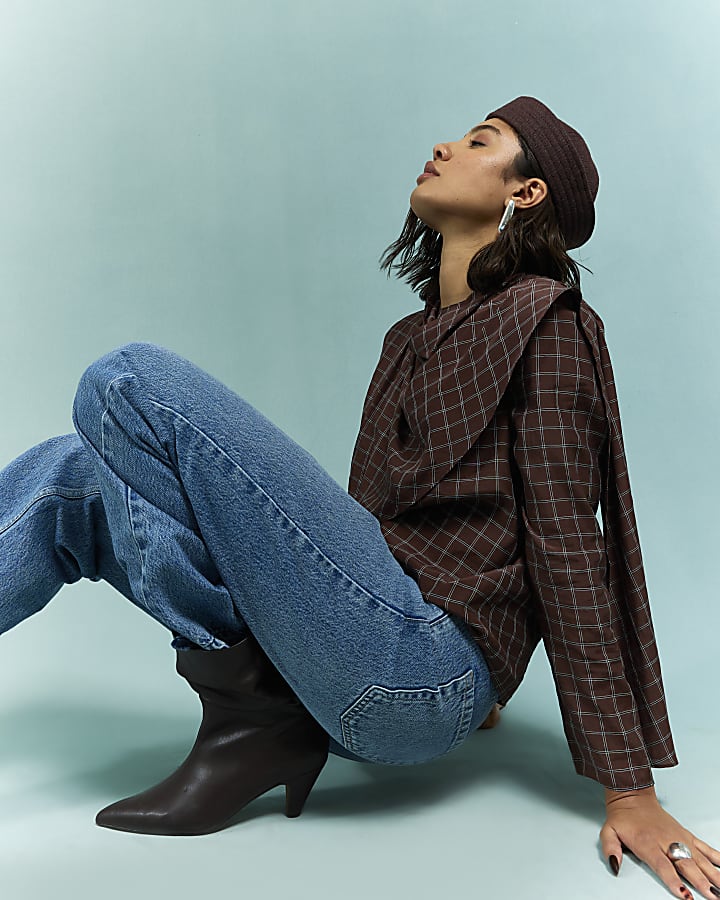 Brown Check Cowl Neck Drape Blouse