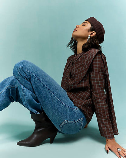Brown Check Cowl Neck Drape Blouse