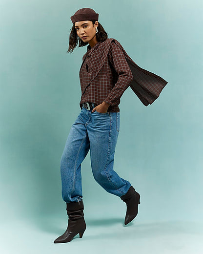 Brown Check Cowl Neck Drape Blouse