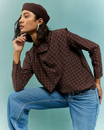 Brown Check Cowl Neck Drape Blouse