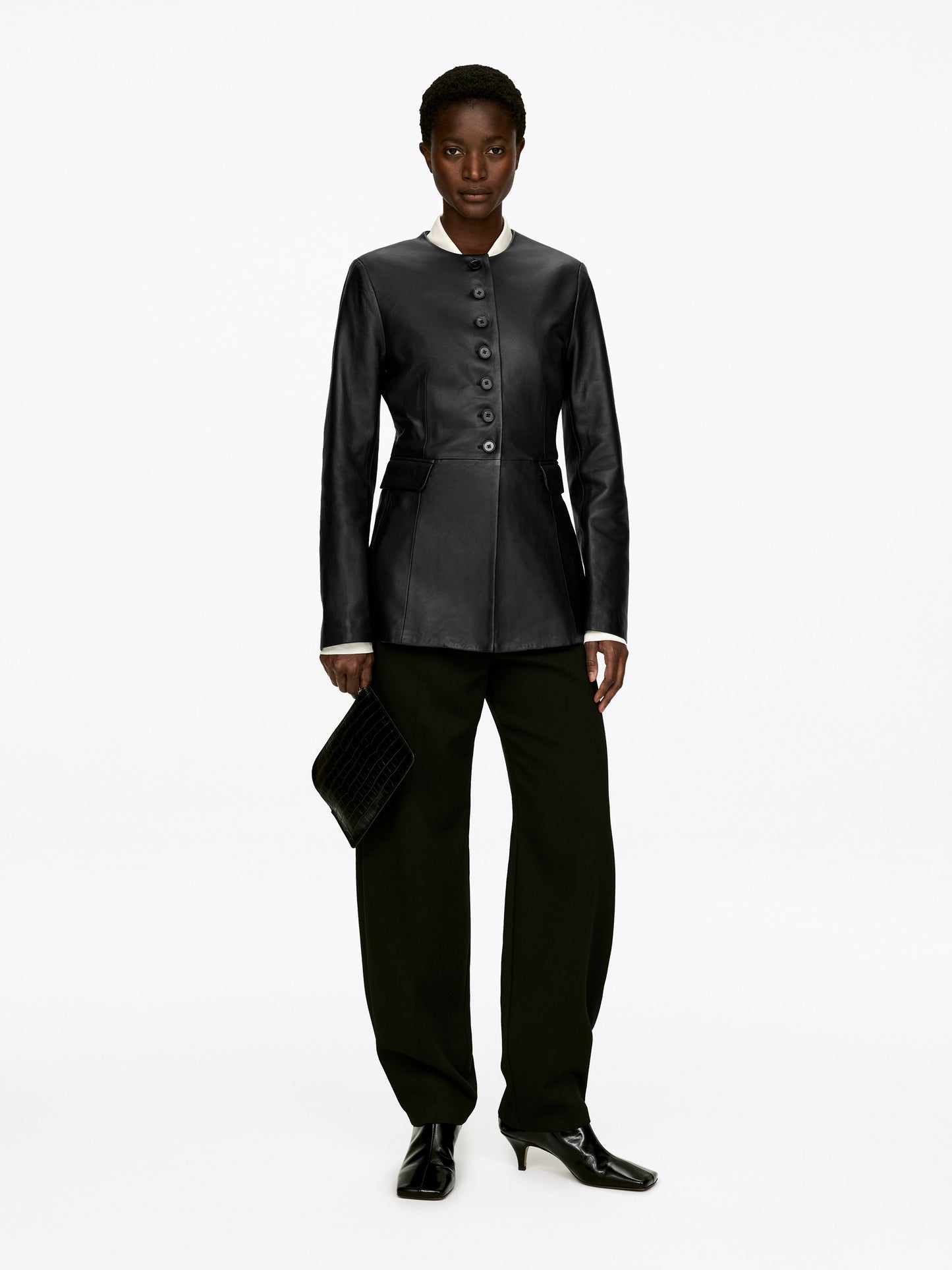 Collarless Leather Blazer