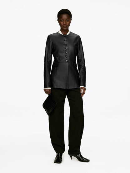 Collarless Leather Blazer