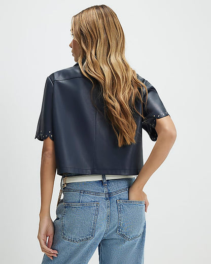 Navy Faux Leather Scallop Trim Studded Top