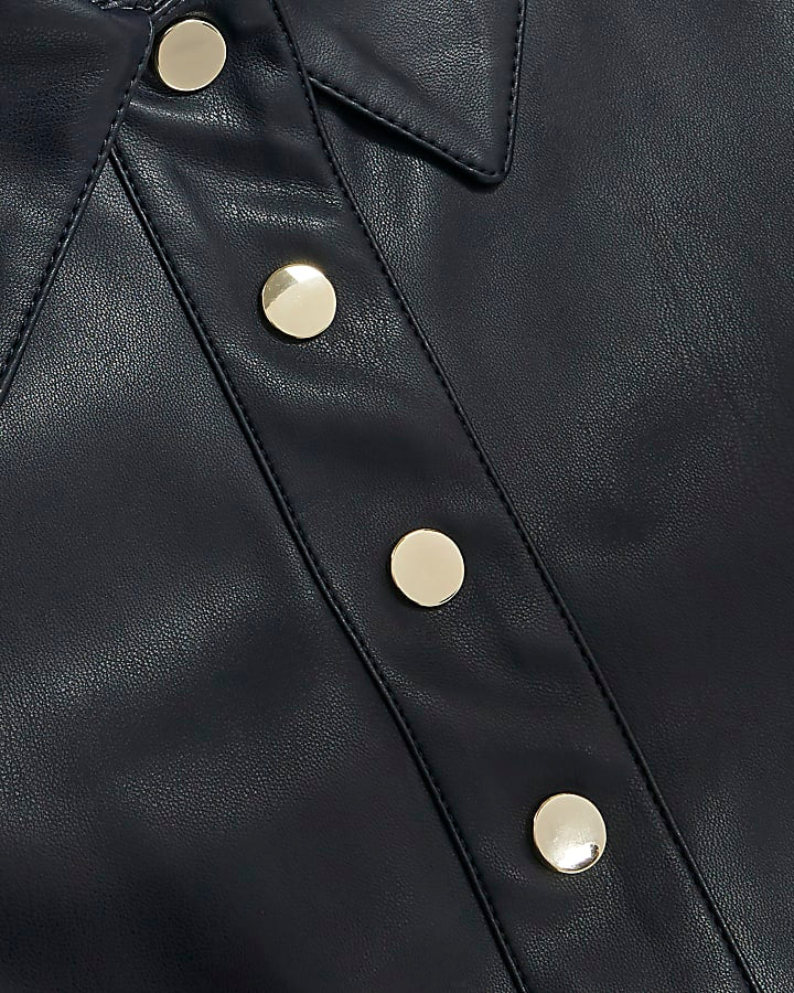 Navy Faux Leather Scallop Trim Studded Top